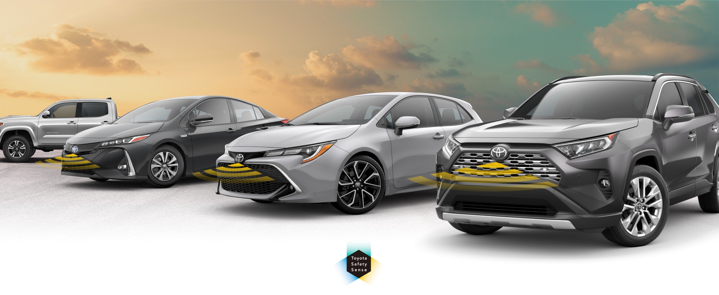 Toyota Safety Sense: Designed for Safety. Options shown on Toyota models including RAV4, Tacoma, and Camry, available now at Flow Toyota of Statesville in Statesville NC.