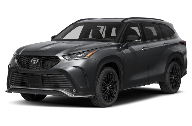 Dark gray 2026 Toyota Highlander SUV stock photo in front of a white background