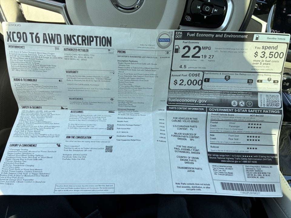 2022 Volvo XC90 T6 Inscription 7 Passenger